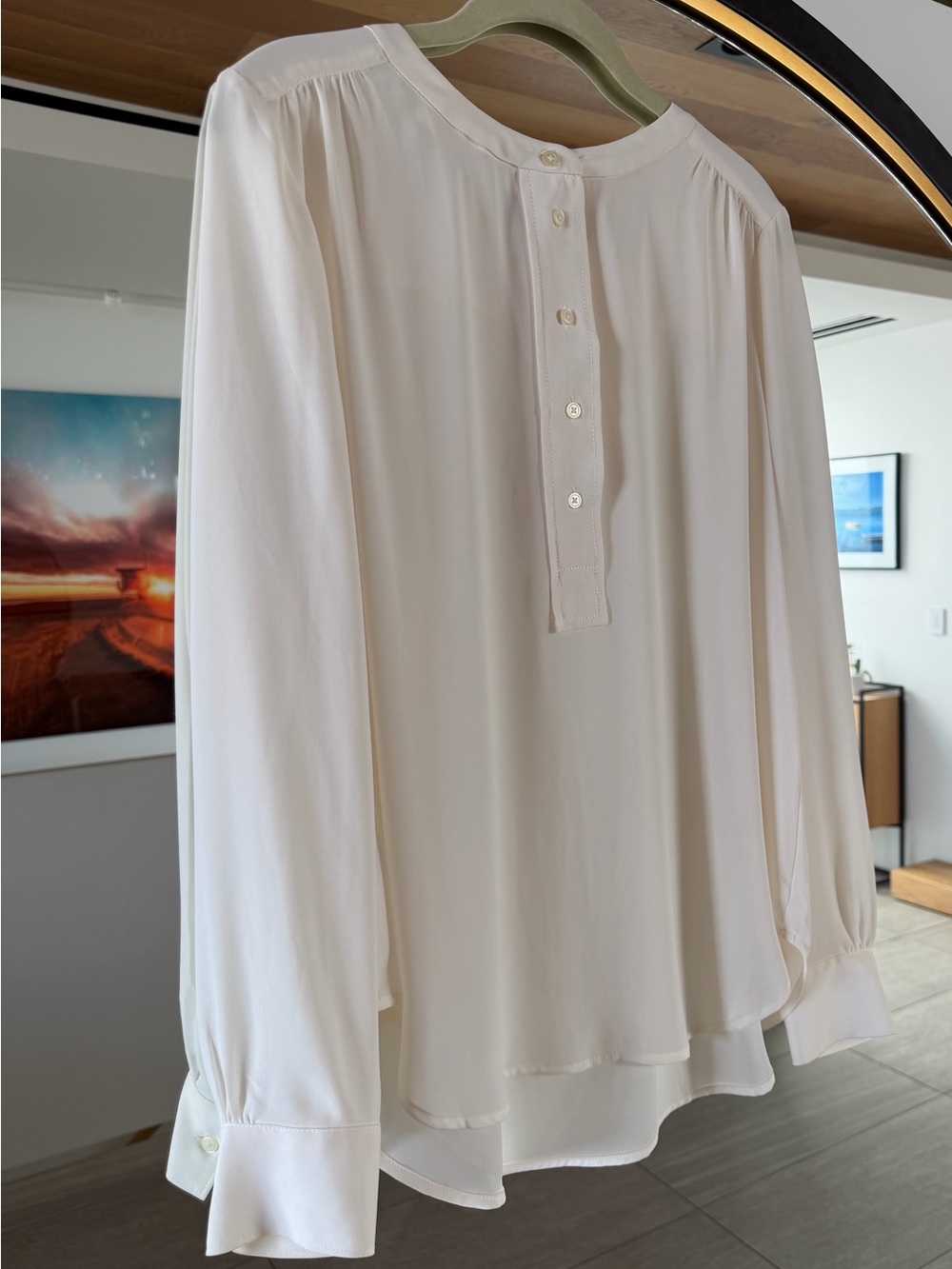 LOFT Cream Off-White Henley Button Front Blouse Long Sleeve Regular S